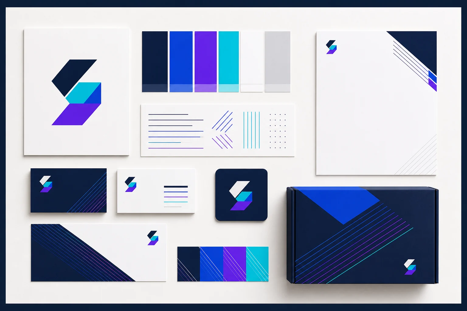 Coordinated brand identity system with logo, color palette, stationery and packaging
