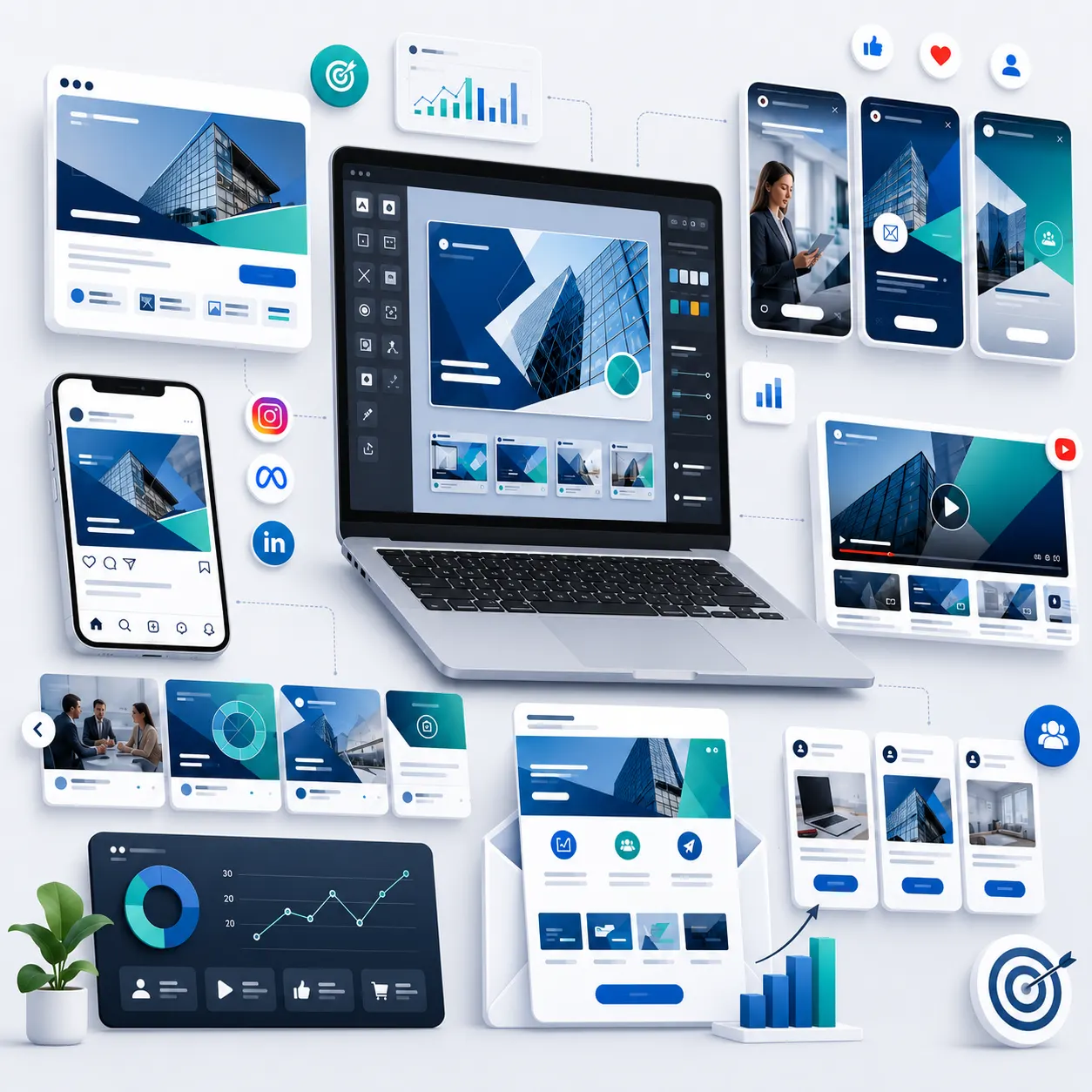 Advertising and social media graphics adapted across campaign formats