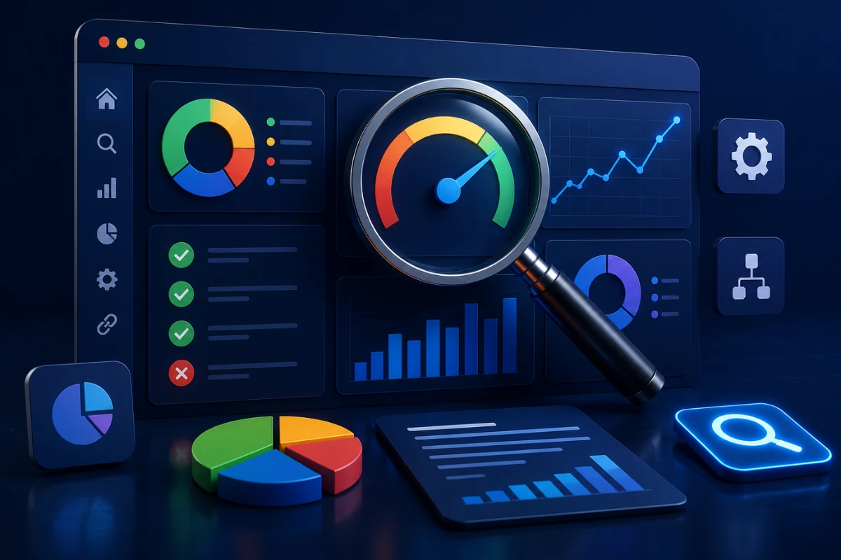 SEO audit dashboard showing organic performance and technical SEO metrics