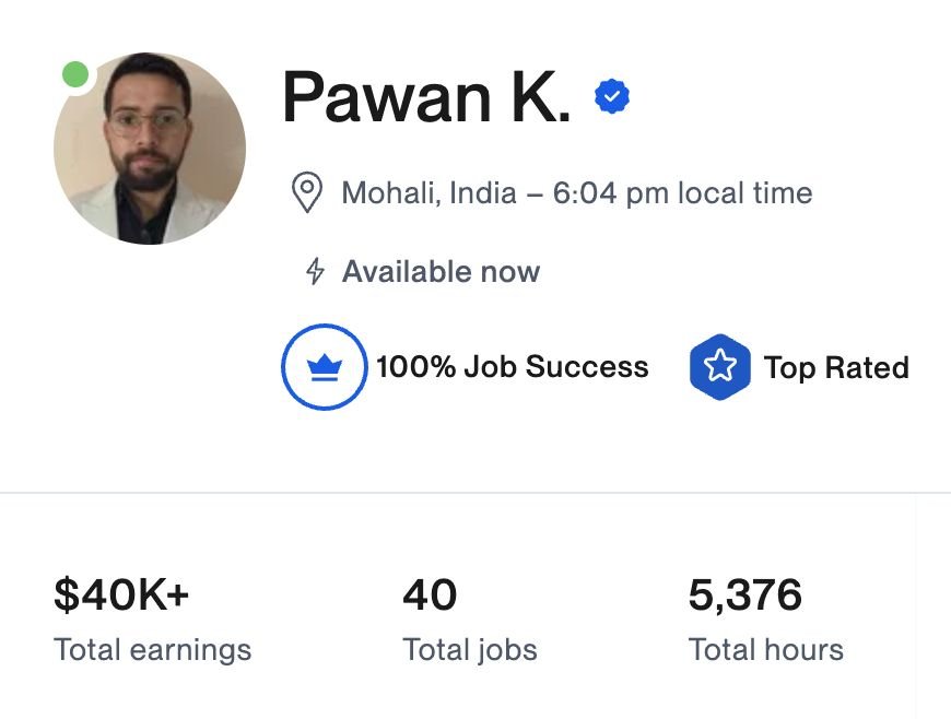 Pawan Kumar's Upwork profile showing Top Rated status and 100% Job Success