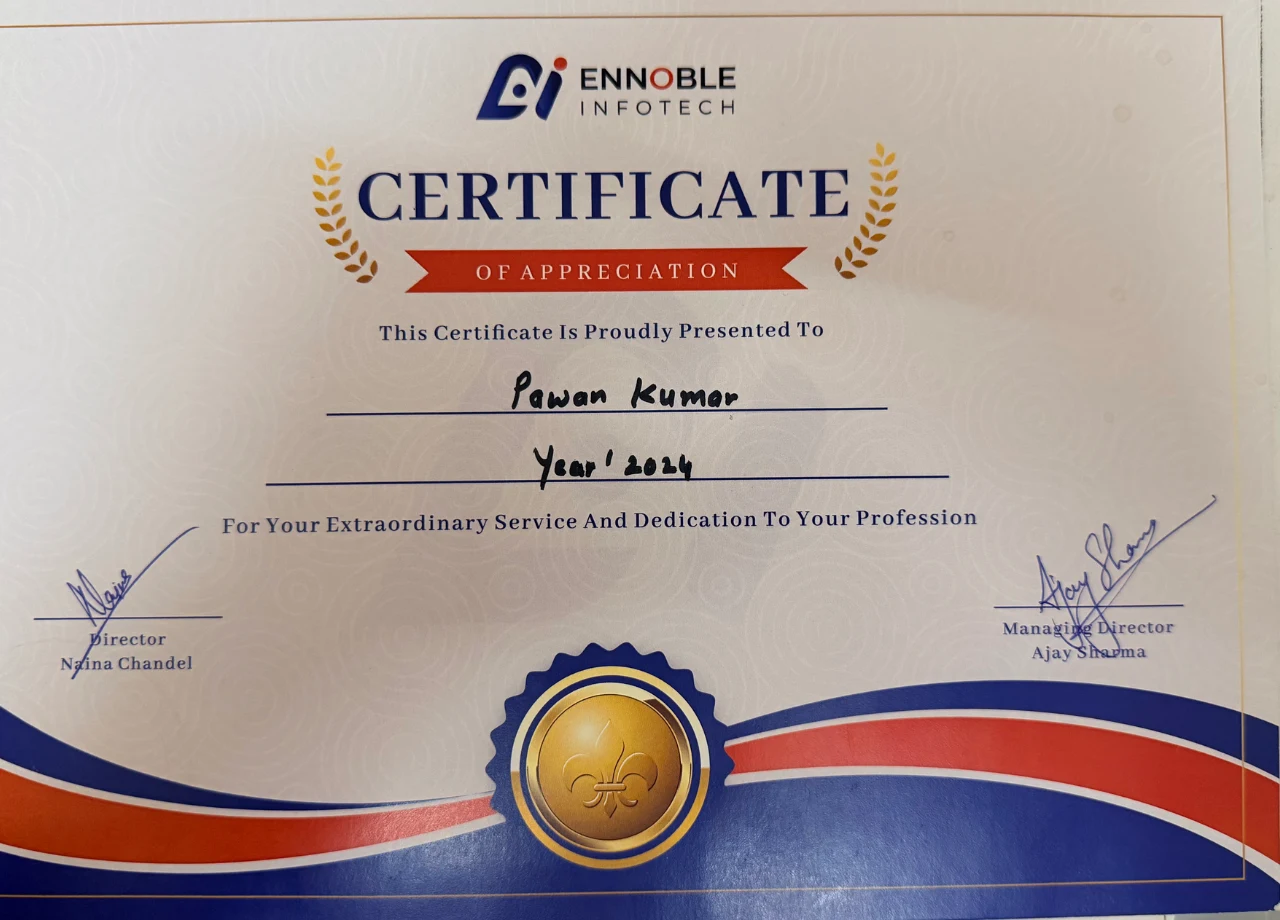 Certificate of Appreciation from Ennoble Infotech