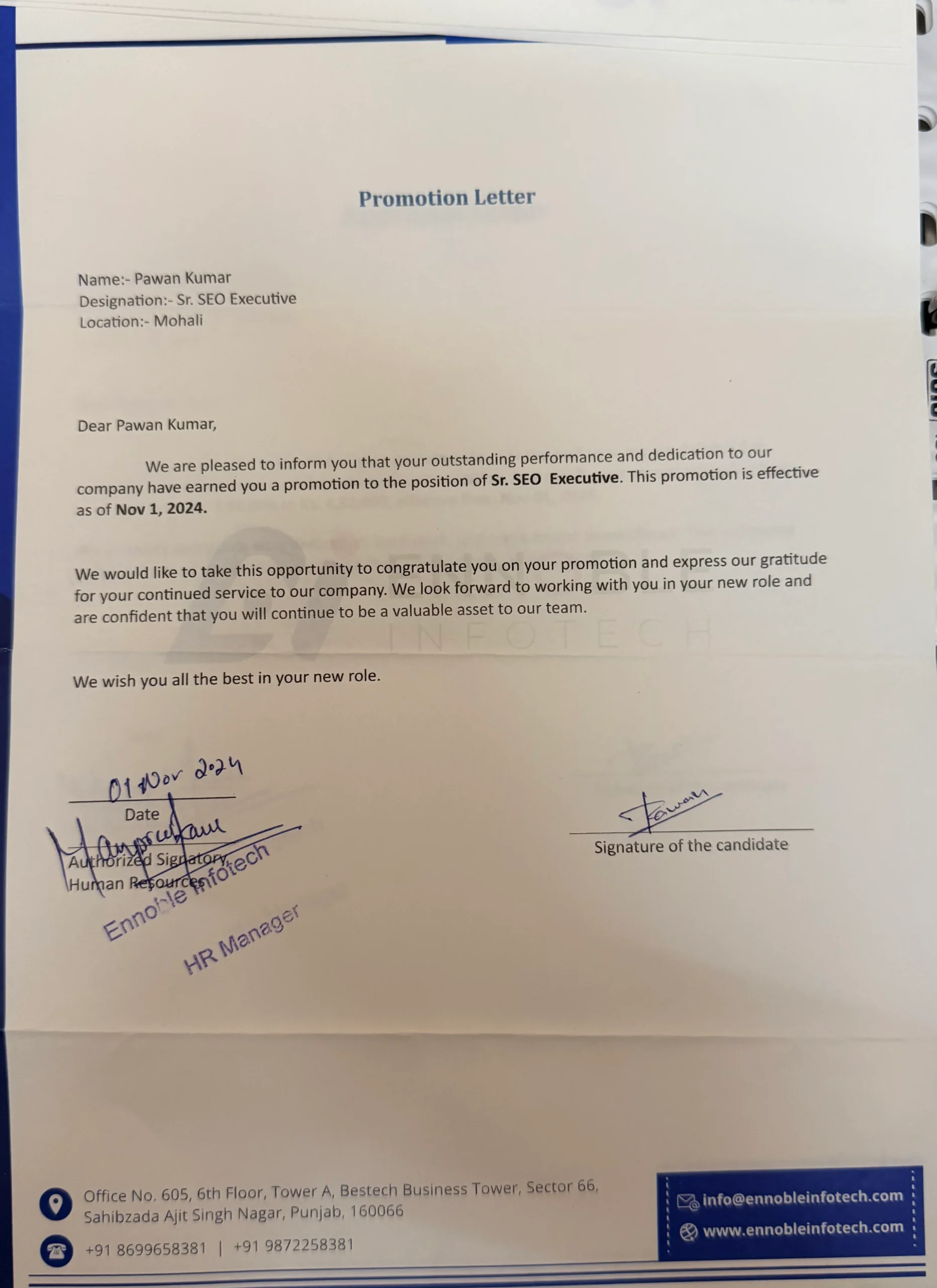 Promotion letter to Senior SEO Executive from Ennoble Infotech
